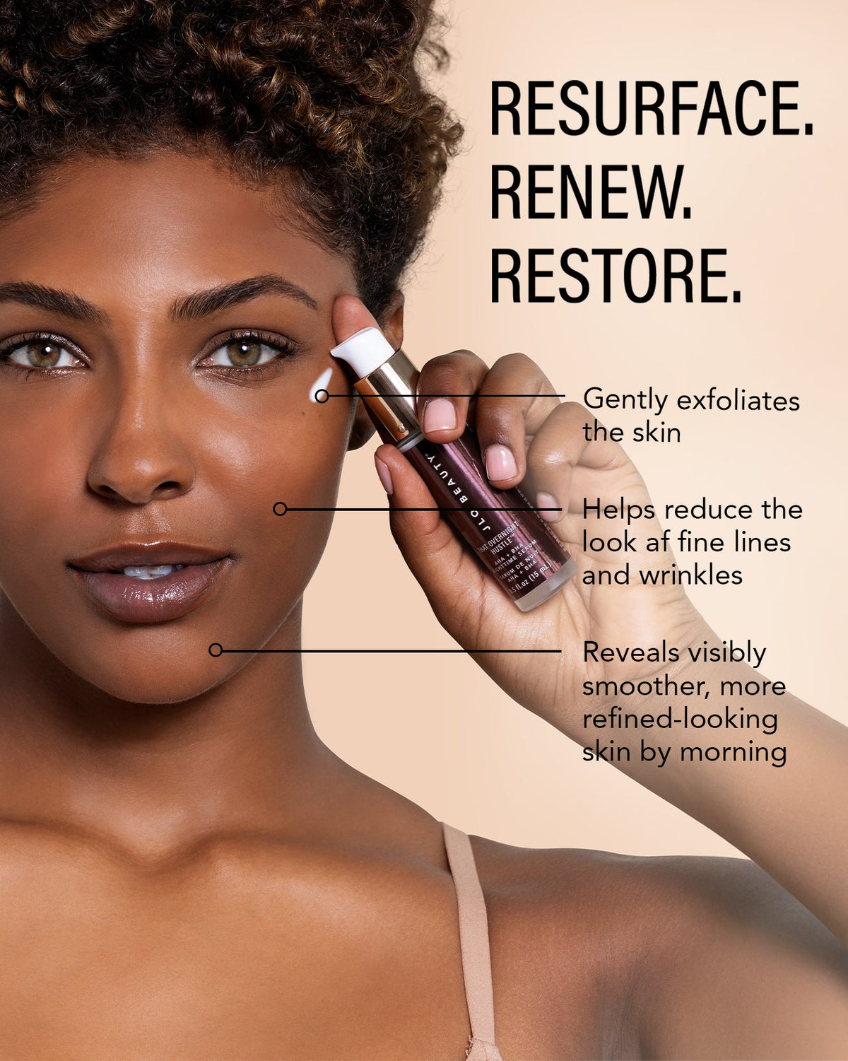 Model applying AHA-BHA beside the words "Resurface, Renew, Restore."