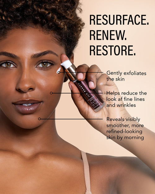 Model applying AHA-BHA beside the words "Resurface, Renew, Restore."