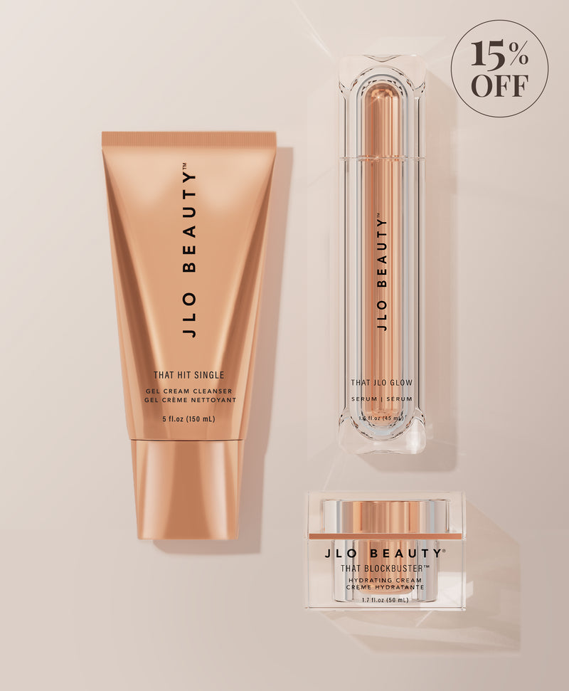 Three JLO BEAUTY skincare products featured in the Cleanse and Glow Routine with a circular '15% OFF' badge in the top right.