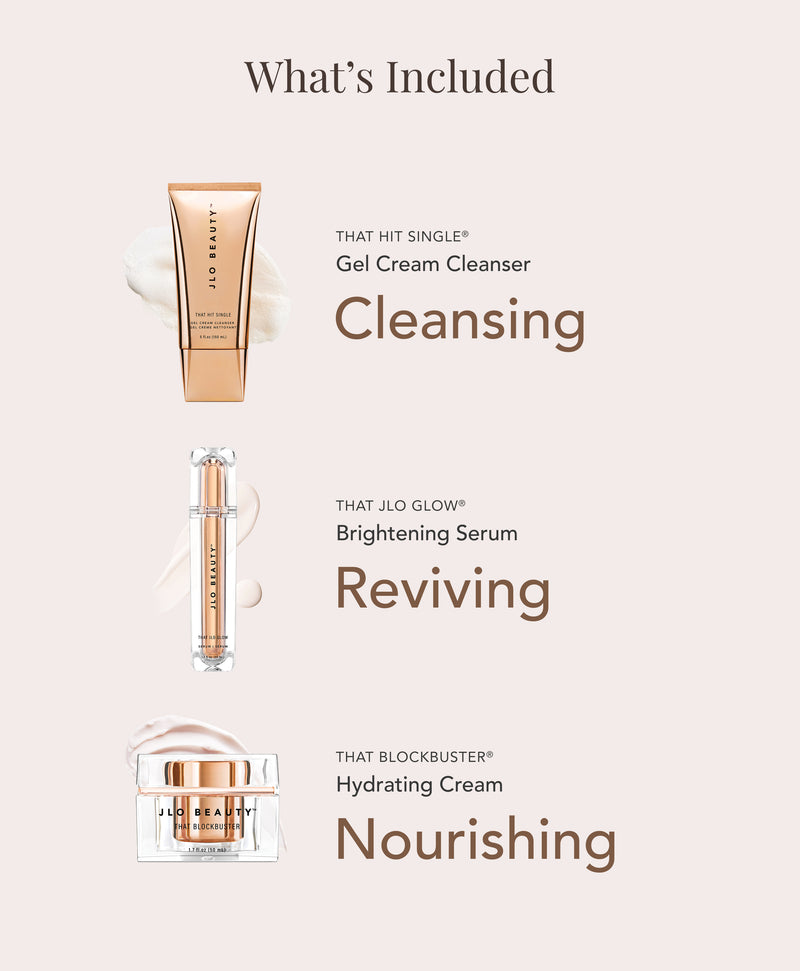 A product inclusion graphic Reading 'What's Included': a Gel Cream Cleanser tube, a Brightening Serum tube, and a Hydrating Cream jar, with text reading Cleansing, Reviving, and Nourishing.
