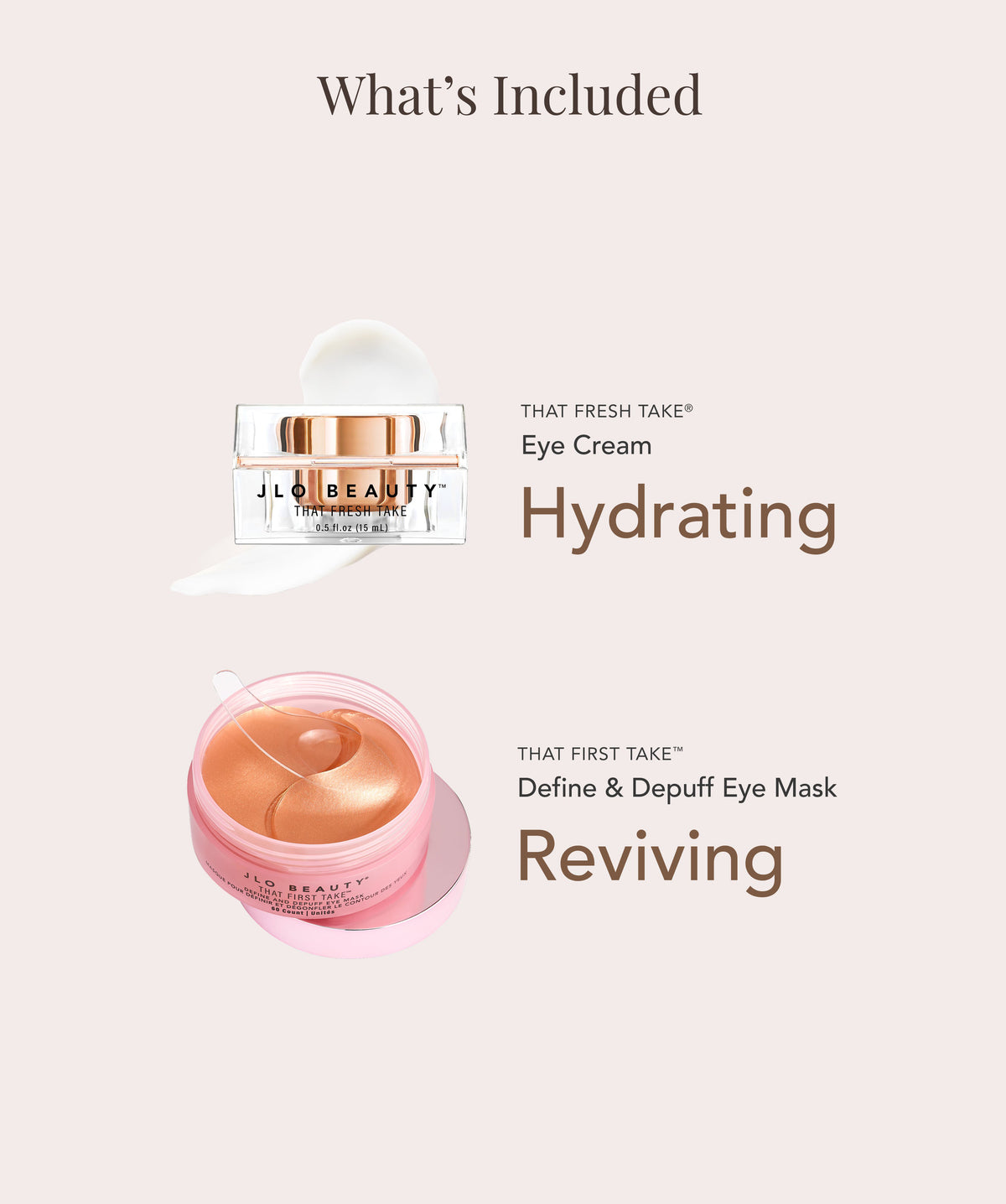 Two JLO Beauty products with 'What's Included' text above, featuring Hydrating Eye Cream and Reviving Eye Mask.