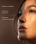 Close-up of a woman's face with text on the left reading 'Reduces puffiness', 'Smooths + brightens', and 'Enhances moisture retention' 