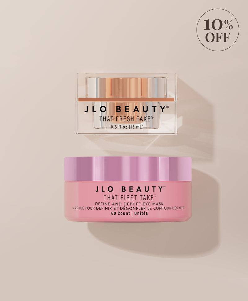 Two JLO Beauty Eye products with a circular '10% OFF' badge in upper right corner