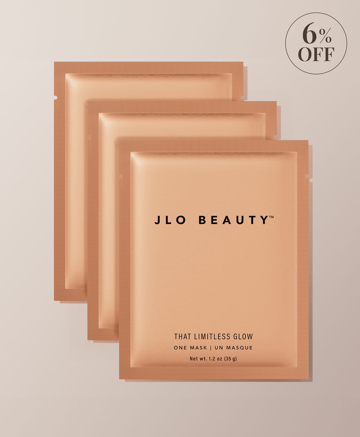 Three JLO Beauty Sheet Masks with a 6% OFF badge in the upper right corner. 