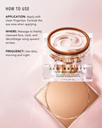 A marketing Infographic with Headline "How to Use". Jar of open That Blockbuster cream on right side of image. Says Application: Apply with clean fingertips. Exclude eye area when applying. Says Where: Massage to freshly cleansed face, neck and décolletage using upwards strokes. Says Frequency to sue daily, morning and night