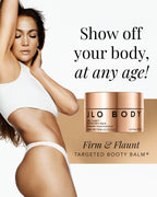 Jennifer Lopez wearing white underwear next to a jar of JLO Body Booty Balm with text 'Show off your body, at any age!'