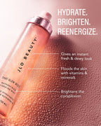 JLO Beauty That Glow Mist spray bottle with informational text reading 'Hydrate, Brighten, Re-energize'.