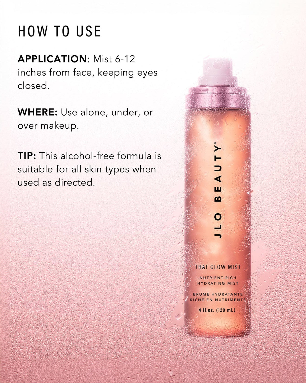 JLO Beauty Glow Mist bottle lit by warm gold light, with Heading How to Use. 