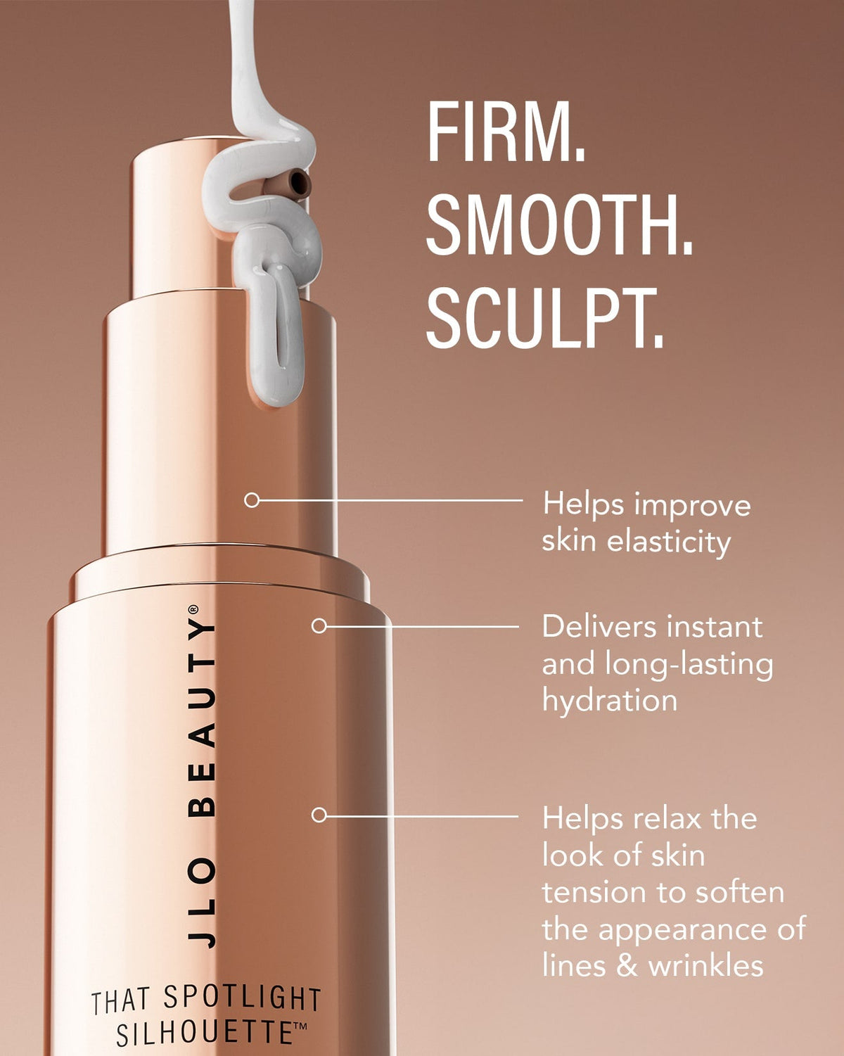 JLO Beauty That Spotlight Silhouette cream bottle in a rose gold finish, with white cream being dispensed from the nozzle and informational text with product benefits.