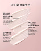 A pink cosmetic key ingredients graphic with three white cream swatches and black text listing cellular renewal bio-ferment complex, red algae + sodium hyaluronic acid complex, and pea extract & bamboo extract.
