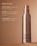 A bottle of JLO Beauty That Spotlight Silhouette  Neck Serum stands on a beige surface against a warm beige background, with white text on the left explaining how to use it.
