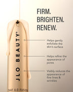A JLO Beauty cream bottle shown on a background with text highlighting skincare benefits 'Firm, Brighten, Renew'.