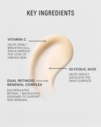 Key Ingredient text highlighting 'Vitamin C', 'Dual Retinoid Renewal Complex', and 'Glycolic Acid' with descriptive text.