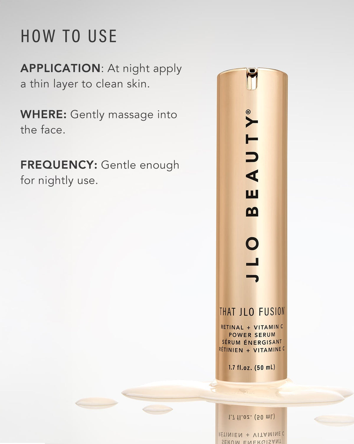 JLO Beauty Power Serum in a tall cylindrical gold bottle, shown on a background with 'HOW TO USE' text.