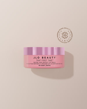 JLO Beauty eye mask packaging on a beige background with badge reading g'2025 Beauty Innovation Award'.