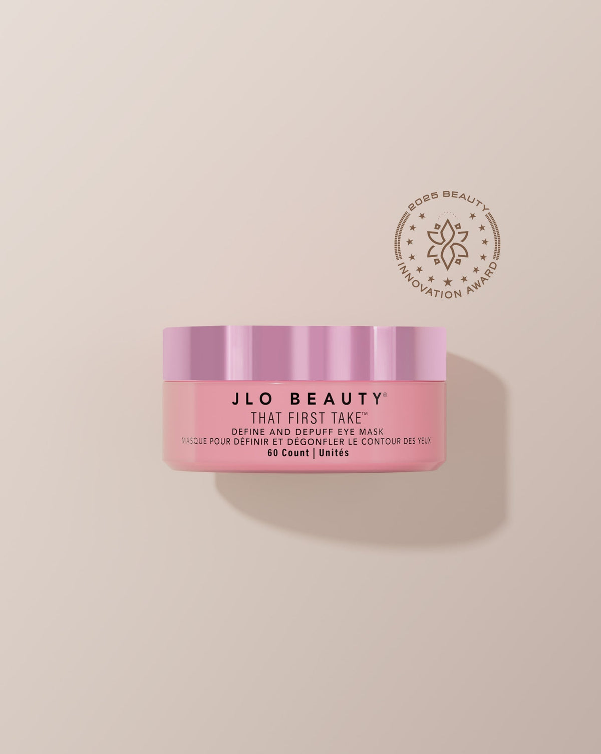 JLO Beauty eye mask packaging on a beige background with badge reading g'2025 Beauty Innovation Award'.