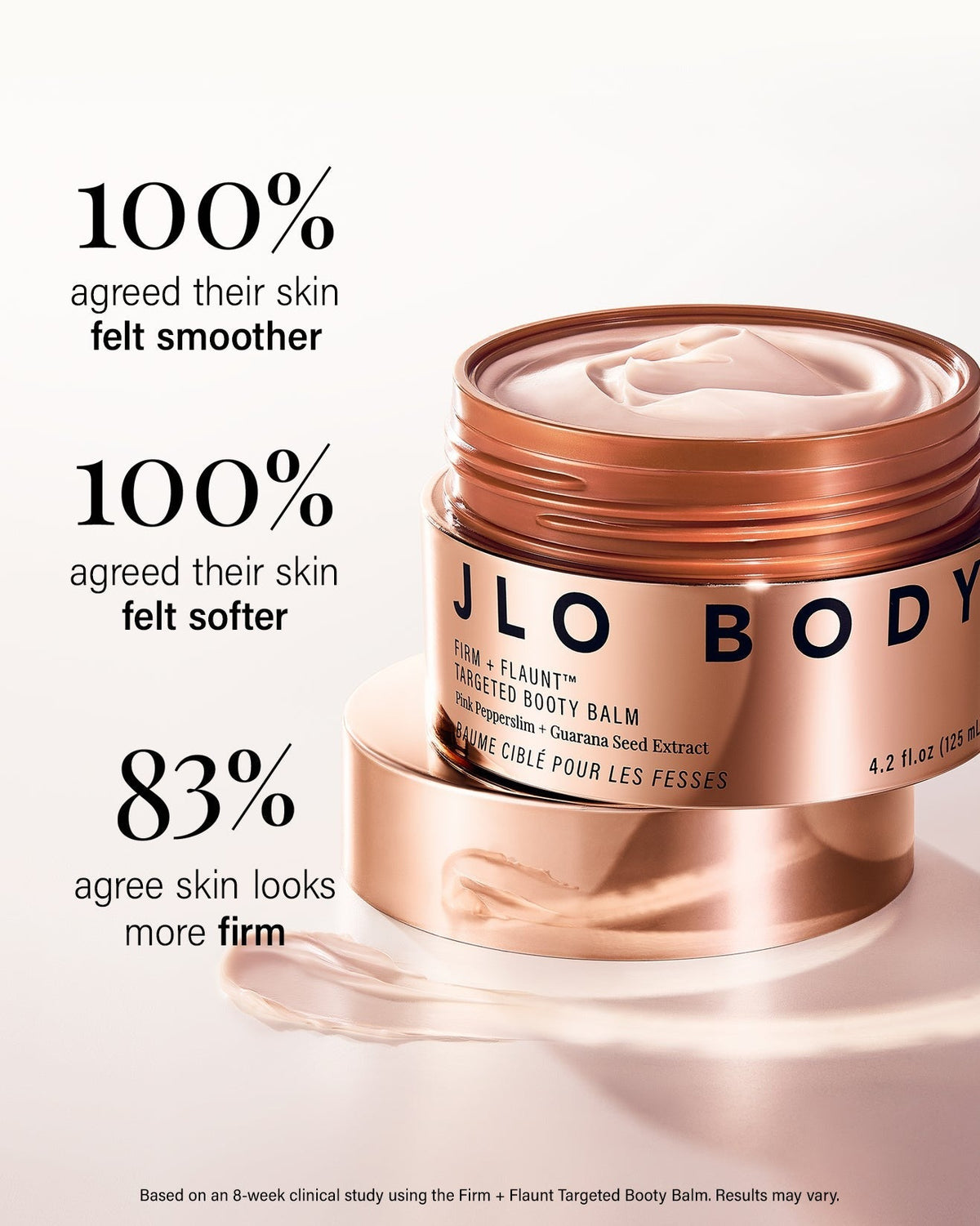 JLO Body Targeted Body Balm in a metallic rose gold jar, shown open with cream inside on a clean white background with product benefit call outs.