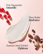 A cosmetic smear of thick white cream on a soft pink background, with text reading 'Pink Pepperslim Smooths,' 'Shea Butter Hydrates,' and 'Guarana Seed Extract Tightens,' plus red berries and brown seed pieces arranged around it.