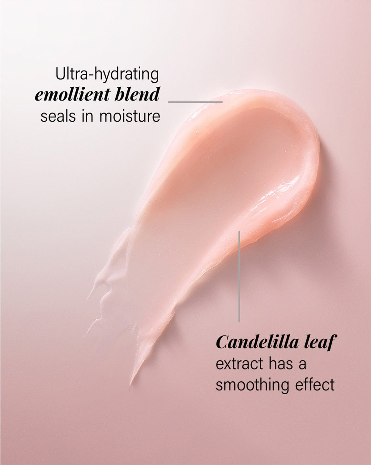 A swirled smear of pale peachy pink cream on a soft pink background with text callouts describing moisturizing and smoothing benefits.