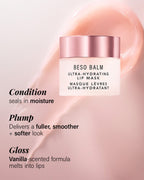 BESO Balm Ultra-Hydrating Lip Mask jar with a metallic rose gold cap, set against a soft pink background with a lip smear and product benefits text.