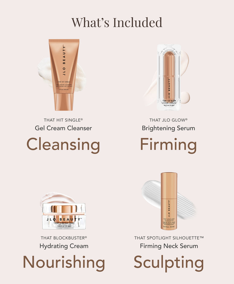 A product inclusion graphic showing four JLO Beauty skincare items arranged in a 2x2 grid with labels for Cleansing, Firming, Nourishing, and Sculpting.