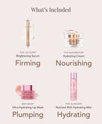 A picture showing the products included in The Glow Boost kit: Serum, Hydraing Cream, Lip Mask, and Hydrating Mist.