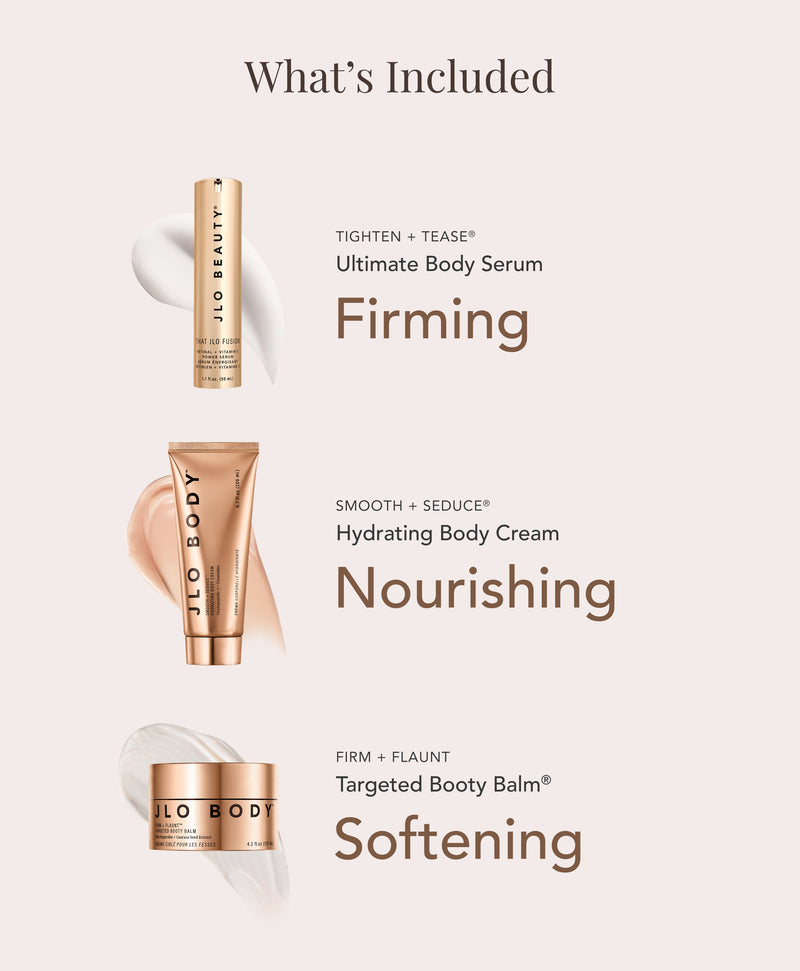 A marketing Infographic titled Whats Included. Three JLo Beauty products: Ultimate Body Serum, Hydrating Body Serum and Targeted Booty Balm.