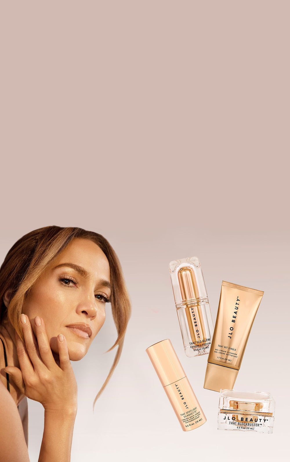 Jennifer Lopez featured alongside four JLO Beauty products