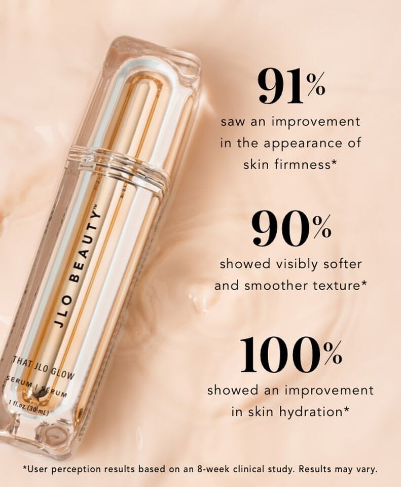 That JLO Glow tube with informational text, detailing benefits.